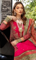 Shirt Embroidered Adda work front Chiffon 1M Embroidered Adda work Sleeves Chiffon 26 inches Chiffon Back 1.4M Embroidered Adda Work Sleeves Motif 2pcs Embroidered Front + Back + Sleeves Patti 2.5M Embroidered Front Neck Patti 1.5M Inner Shirt 2.25M  Trouser Raw Silk Trouser 2.5 M  Dupatta Embroidered Organza Dupatta 2.5M Embroidered Dupatta Patti 8M