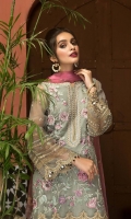 Shirt Embroidered adda work front organza 1M Embroidered organza Back 1.4M  Embroidered adda work Front Daman Patti 30 inches Embroidered adda work sleeves organza 26 inches Embroidered adda work Sleeves patti 1M Inner Shirt 2.25M  Trouser Raw Silk Trouser 2.5 M Embroidered Trouser Patti 1.4M  Dupatta Embroidered Net Dupatta 2.5M Embroidered adda work Dupatta pallu Patti 2M