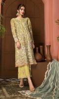 Shirt Embroidered adda work front chiffon 1M Embroidered Chiffon Back 1M Embroidered sleeves Chiffon 26 inches Embroidered adda work Sleeves patti 1M Inner Shirt 2.25M  Trouser Embroidered Raw Silk Trouser 2.5 M  Dupatta Embroidered Net Dupatta 2.5M Embroidered Dupatta Patti 8M Finishing dupatta motif 4Pcs