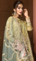 Shirt Embroidered adda work front chiffon 1M Embroidered Chiffon Back 1M Embroidered sleeves Chiffon 26 inches Embroidered adda work Sleeves patti 1M Inner Shirt 2.25M  Trouser Embroidered Raw Silk Trouser 2.5 M  Dupatta Embroidered Net Dupatta 2.5M Embroidered Dupatta Patti 8M Finishing dupatta motif 4Pcs