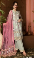 Shirt Embroidered adda work front organza 1M Embroidered organza Back 1.4M  Embroidered adda work Front Daman Patti 30 inches Embroidered adda work sleeves organza 26 inches Embroidered adda work Sleeves patti 1M Inner Shirt 2.25M  Trouser Raw Silk Trouser 2.5 M Embroidered Trouser Patti 1.4M  Dupatta Embroidered Net Dupatta 2.5M Embroidered adda work Dupatta pallu Patti 2M