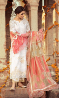 Shirt Embroidered Lawn Front 1.4 m Embroidered Lawn Sleeves 26 inches Embroidered Lawn Back 1.4 Embroidered Front + Back + Sleeves Patti 2.5 m Embroidered Front + Back Daman Patti 1.75 m Embroidered Schiffle Front Yoke + Sleeves 1 m  Trouser Embroidered Cotton Trouser 2.5 m  Dupatta Embroidered Cotton Net Dupatta 2.5 m Embroidered Dupatta Patti 8 m Finishing Patti 1 Piece