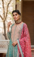 Shirt  Ready to wear organza heavy embroidered long maxi with adda work Trouser  Raw silk straight trouser finished with embroidered organza Dupatta  Organza embroidered dupatta