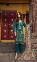 Shirt  Embroidered Front Staple Massori 1.25 m Embroidered Sleeves With Adda Work 26 Inches Back 1.25 m Embroidered Sleeves + Trouser + Chock Patti 5 m Embroidered Front Galla Patti 0.75 m Trouser  Trouser 2.5 m Shawl  Embroidered Pashmina Shawl 2.5 m