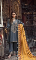 Shirt  Embroidered Front Staple Massori 1.5 m Embroidered Sleeves With Adda Work 26 Inches Back 1.25 m Embroidered Front + Back Daman Patti 4 m Embroidered Front Panel Patti 8 m Embroidered Sleeves Patti 1.5 m Trouser  Trouser 2.5 m Embroidered Trouser Patti 1.5 m Shawl  Embroidered Pashmina Shawl  2.5 m