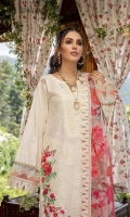 Shirt Embroidered Front Luxury Lawn 1M luxury Lawn Back 1.4M Embroidered Luxury Lawn Sleeves 26 Inches Embroidered Front +Back +Sleeves Patti 2.5M Embroidered Front +Back Daman Patti 1.5M Embroidered Sleeves Patti 1.5M Embroidered Front Neckline 1.5M  Trouser Cotton Trouser 2.5M Embroidered Trouser Patti 1.5M  Dupatta Embroidered Organza sublimation print Dupatta 2.5M Embroidered Dupatta Patti 8M