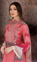 Shirt Lawn prints Front back and Sleeve 3.4M Embroidered Lawns Front Daman Patti 1M Embroidered Front Neck +Sleeve Patti 2M  Trouser Cotton Trouser 2.5 M  Dupatta Embroidered Printed Chiffon Dupatta 2.5M