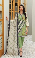 Shirt Printed lawn Front +back +Sleeves 3.4 M Embroidered Front Neck Patti 2.5M  Trouser Cotton Trouser 2.5 M  Dupatta Embroidered Chiffon Dupatta 2.5 M