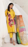 Shirt Embroidered Front Lawn Print 1.4M Printed lawn back +Sleeves 2M  Trouser Embroidered Cotton Trouser 2.5 M  Dupatta Embroidered Print Chiffon Dupatta 2.5 M