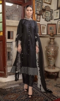 Shirt Embroidered Front Lawn 1.4M Embroidered Front Daman Patti 1M Embroidered Sleeves +Panel Lawn 2M Embroidered Sleeves Patti 1.4M Lawn Back 1.4M  Trouser Cotton Trouser 2.5 M Embroidered Trouser Patti 1.4M  Dupatta Embroidered Chiffon Dupatta 2.5 M