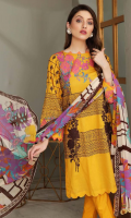 Shirt Embroidered Front Lawn 1.4 M Lawn Back 1.4M Embroidered Lawn Sleeves 26 Inches  Trouser Cotton Trouser 2.5 M  Dupatta Printed Chiffon Dupatta 2.5 M