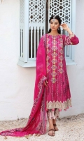 Shirt Print Lawn Front +Back + Sleeves 3.4M Embroidered Front +Back Daman Patti 2M  Trouser Printed Cotton Trouser 2.5 M  Dupatta Embroidered Chiffon Dupatta 2.5 M