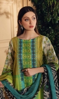 Shirt Print Lawn Front +Back + Sleeves 3.4M Embroidered Front Daman 1.5M  Trouser Cotton Trouser 2.5 M  Dupatta Embroidered Printed Chiffon Dupatta 2.5 M