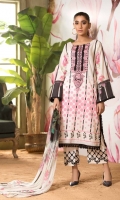 Shirt Print Lawn Front +Back + Sleeves 3.4M Embroidered Front Neckline 1Pcs  Trouser Embroidered Cotton Trouser 2.5 M  Dupatta Printed Chiffon Dupatta 2.5 M