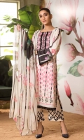 Shirt Print Lawn Front +Back + Sleeves 3.4M Embroidered Front Neckline 1Pcs  Trouser Embroidered Cotton Trouser 2.5 M  Dupatta Printed Chiffon Dupatta 2.5 M