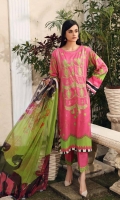 Shirt Embroidered   Lawn  Front 1.4M Print Lawn Back + Sleeves 2M  Trouser Cotton Trouser 2.5 M Embroidered Trouser Patti 1M  Dupatta Printed Chiffon Dupatta 2.5 M