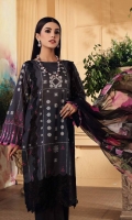 Shirt Print Lawn Front +Back + Sleeves 3.4M Embroidered Front Daman Patti 1M Embroidered Front Penal Patti 2.5M  Trouser Cotton Trouser 2.5 M  Dupatta Printed Chiffon Dupatta 2.5 M