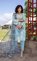 Shirt Embroidered Front lawn 1.4M Back lawn print 1.4M Embroidered Sleeves lawn 26 inches  Trouser Cotton Trouser 2.5 M  Dupatta Organza Dupatta sublimation 2.5M