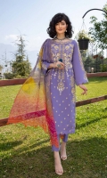 Shirt Embroidered Front lawn 1M Back lawn print 1.4M Embroidered Sleeves lawn 26 inches  Trouser Cotton Trouser 2.5 M  Dupatta Print Chiffon Dupatta 2.5M