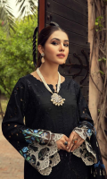 Shirt Embroidered Front Lawn 1.4M Lawn Back 1.4M Embroidered Lawn Sleeves 26 Inches Embroidered Front +Back +Daman Patti 2 M Embroidered Sleeves Patti 1.4M  Trouser Cotton Trouser 2.5M Embroidered trouser Patti 1.5M  Dupatta Embroidered Chiffon Dupatta 2.5M Embroidered Dupatta Patti 2.5M