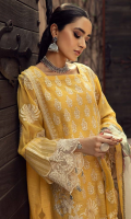 Shirt Embroidered Front Luxury Slub Lawn 1.4M Slub Lawn Back 1.4M Embroidered Luxury Slub Lawn Sleeves 26 Inches Embroidered Front +Back +Sleeves Patti 2.5M Embroidered Front +Back +Sleeves Patti 2.5M  Trouser Cotton Trouser 2.5M Embroidered trouser Patti 1.5M  Dupatta Organza Sublimation Dupatta 2.5 M Embroidered Dupatta Patti 8M Embroidered Dupatta Patti 8M