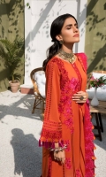 Shirt Embroidered Lawn Karandi Front 1.4 m Embroidered Lawn Karandi Sleeves 26 inches Lawn Karandi Back 1.4 m Embroidered Front + Back + Sleeves Patti 2.5 m Trouser Embroidered Karandi Trouser 2.5 m Dupatta Embroidered Dupatta Patti 8 m Organza Karandi Dupatta 2.5 m