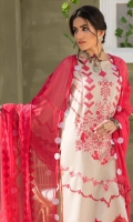 Shirt Embroidered Lawn Karandi Front 1.4 m Embroidered Lawn Karandi Sleeves 26 inches Lawn Karandi Back 1.4 m Embroidered Front + Back Daman Patti 2 m Trouser  Embroidered Trouser Patti 1.5 m Karandi Trouser 2.5 m  Dupatta Embroidered Chiffon Dupatta 2.5 m