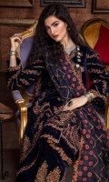 Shirt Embroidered Velvet Front Left Side 26 inches Embroidered Velvet Front Right Side 26 inches Embroidered Velvet Sleeves 26 inches Velvet Back 1.4M Embroidered Front + Back Daman Patti 2M Embroidered Sleeves Patti 1.4M  Trouser Embroidered Velvet Trouser 2.5M  Dupatta Embroidered Organza Dupatta 2M Embroidered Dupatta Patti 8M Embroidered Dupatta Patti 2M