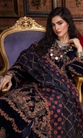 Shirt Embroidered Velvet Front Left Side 26 inches Embroidered Velvet Front Right Side 26 inches Embroidered Velvet Sleeves 26 inches Velvet Back 1.4M Embroidered Front + Back Daman Patti 2M Embroidered Sleeves Patti 1.4M  Trouser Embroidered Velvet Trouser 2.5M  Dupatta Embroidered Organza Dupatta 2M Embroidered Dupatta Patti 8M Embroidered Dupatta Patti 2M