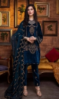 Shirt Embroidered Velvet Front 1.4M Embroidered Velvet Sleeves 26 inches Velvet Back 1.4M  Trouser Embroidered Velvet Trouser 2.5M  Dupatta Embroidered Organza Dupatta 2.5M Embroidered Dupatta Patti 8M