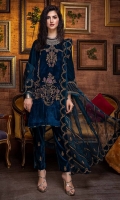 Shirt Embroidered Velvet Front 1.4M Embroidered Velvet Sleeves 26 inches Velvet Back 1.4M  Trouser Embroidered Velvet Trouser 2.5M  Dupatta Embroidered Organza Dupatta 2.5M Embroidered Dupatta Patti 8M