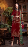Shirt Embroidered Velvet Front 1.4M Embroidered Velvet Sleeves 26 inches Velvet Back 1.4M Embroidered Front Neck 1Pcs  Trouser Embroidered Trouser Patti 1.4M Velvet Trouser 2.5M  Dupatta Embroidered Organza Dupatta 2.5M Embroidered Dupatta Patti 2M Embroidered Dupatta Pallu Patti 2.5M