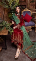 Shirt Embroidered Velvet Front 1.4M Embroidered Velvet Sleeves 26 inches Velvet Back 1.4M Embroidered Front Neck 1Pcs  Trouser Embroidered Trouser Patti 1.4M Velvet Trouser 2.5M  Dupatta Embroidered Organza Dupatta 2.5M Embroidered Dupatta Patti 2M Embroidered Dupatta Pallu Patti 2.5M