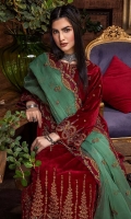 Shirt Embroidered Velvet Front 1.4M Embroidered Velvet Sleeves 26 inches Velvet Back 1.4M Embroidered Front Neck 1Pcs  Trouser Embroidered Trouser Patti 1.4M Velvet Trouser 2.5M  Dupatta Embroidered Organza Dupatta 2.5M Embroidered Dupatta Patti 2M Embroidered Dupatta Pallu Patti 2.5M