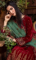 Shirt Embroidered Velvet Front 1.4M Embroidered Velvet Sleeves 26 inches Velvet Back 1.4M Embroidered Front Neck 1Pcs  Trouser Embroidered Trouser Patti 1.4M Velvet Trouser 2.5M  Dupatta Embroidered Organza Dupatta 2.5M Embroidered Dupatta Patti 2M Embroidered Dupatta Pallu Patti 2.5M