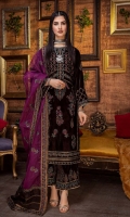 Shirt Embroidered Velvet Front 1.4M Embroidered Velvet Sleeves 26 inches Velvet Back 1.4M Embroidered Front + Back Daman Patti 2M  Trouser Embroidered Velvet Trouser 2.5M  Dupatta Embroidered Organza Dupatta 2.5M Embroidered Dupatta Patti 2M Embroidered Dupatta Pallu Patti 2M