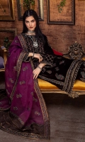 Shirt Embroidered Velvet Front 1.4M Embroidered Velvet Sleeves 26 inches Velvet Back 1.4M Embroidered Front + Back Daman Patti 2M  Trouser Embroidered Velvet Trouser 2.5M  Dupatta Embroidered Organza Dupatta 2.5M Embroidered Dupatta Patti 2M Embroidered Dupatta Pallu Patti 2M