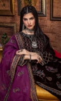 Shirt Embroidered Velvet Front 1.4M Embroidered Velvet Sleeves 26 inches Velvet Back 1.4M Embroidered Front + Back Daman Patti 2M  Trouser Embroidered Velvet Trouser 2.5M  Dupatta Embroidered Organza Dupatta 2.5M Embroidered Dupatta Patti 2M Embroidered Dupatta Pallu Patti 2M
