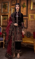 Shirt Embroidered Velvet Front 1.4M Embroidered Velvet Sleeves 26 inches Velvet Back 1.4M  Trouser Embroidered Velvet Trouser 2.5M  Dupatta Embroidered Organza Dupatta 2.5M Embroidered Dupatta Patti 8M