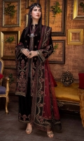 Shirt Embroidered Velvet Front 1.4M Embroidered Velvet Sleeves 26 inches Velvet Back 1.4M  Trouser Embroidered Velvet Trouser 2.5M  Dupatta Embroidered Organza Dupatta 2.5M Embroidered Dupatta Patti 8M