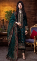 Shirt Embroidered Velvet Front 1.4M Embroidered Velvet back 1.4M Embroidered Velvet Sleeves 26 inches Embroidered Front Daman Patti 1M Embroidered back Daman Patti 1M  Trouser Velvet Trouser 2.5M  Dupatta Embroidered Organza Dupatta 2.5M Embroidered Dupatta + Trouser Patti 4M