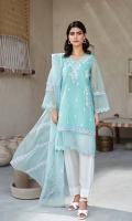 Shirt Embroidered organza front and sleeve's finished with stitching details. Resham lawn attached inner. Back plain organza. Trouser Raw silk trouser finished with stitching details. Dupatta Embroidered cotton net dupatta.
