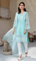 Shirt Embroidered organza front and sleeve's finished with stitching details. Resham lawn attached inner. Back plain organza. Trouser Raw silk trouser finished with stitching details. Dupatta Embroidered cotton net dupatta.