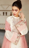 Shirt Embroidered karandi front back and sleeve's finished with adda and lace work. Resham lawn attached inner. Trouser Raw silk straight trouser Dupatta Embroidered organza dupatta.