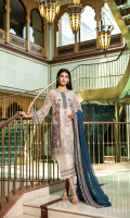 Shirt  Embroidered chiffon fabric front & sleeves with adda work Chiffon fabric back with embroidered daaman Trouser  Embroidered raw silk dyed fabric trouser Dupatta  Embroidered chiffon dupatta with crystal hangings