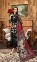Shirt Embroidered front chiffon 1M Print Chiffon back +sleeves 2M Embroidered Front Daman Patti 1M Inner Shirt 2.25M  Trouser Raw Silk Trouser 2.5 M  Dupatta Printed Chiffon Dupatta 2.5 M Embroidered Dupatta Patti 8M