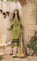 Shirt Embroidered Printed front +Back +Sleeves chiffon 3.4M Embroidered Front Daman Motif 2Pcs Embroidered sleeves +Daman Patti 2.5M Embroidered Front Neckline 1Pcs Inner Shirt 2.25M  Trouser Raw Silk Trouser 2.5 M  Dupatta Embroidered Printed Chiffon Dupatta 2.5 M