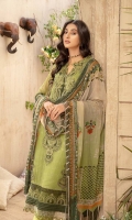 Shirt Embroidered Printed front +Back +Sleeves chiffon 3.4M Embroidered Front Daman Motif 2Pcs Embroidered sleeves +Daman Patti 2.5M Embroidered Front Neckline 1Pcs Inner Shirt 2.25M  Trouser Raw Silk Trouser 2.5 M  Dupatta Embroidered Printed Chiffon Dupatta 2.5 M