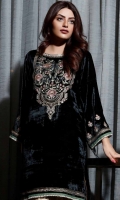 Ready To Wear Plain Velvet Fabric Embroidered Shirt With Indain Lace On Both Sleeve's & Front Daaman And Cotton Tilla Jequared Side SlitStaight Trouser