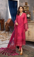 Shirt Embroidered Karandi  Front 1.4M Karandi Sleeves + Back 2M Embroidered Sleeves Patti 1.4M a)  Embroidered Front Daman Patti 1M b)  Embroidered Front Daman Patti 1M c)  Embroidered back Daman Patti 4M  Trouser Embroidered karandi Trouser 2.5M  Dupatta Embroidered Luxury Organza Dupatta 2.5 M Embroidered Dupatta Patti 8M